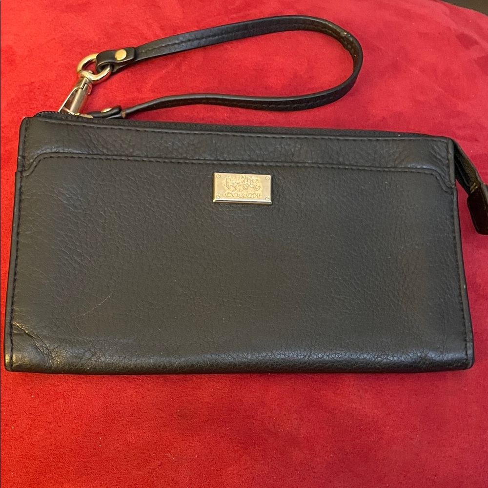 Coach Black Leather Wristlet with Silver Accents Has 6 Compartments